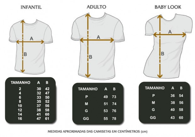 Tamanhos todas camisetas